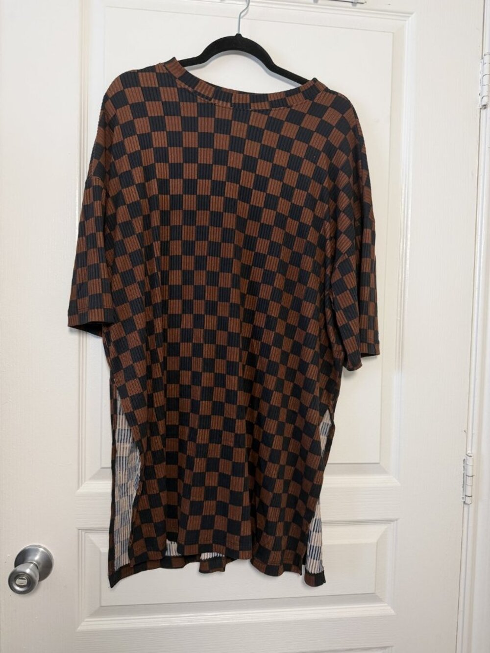 Dressed in Lala Lex Ribbed Checkerboard Set Black Mocha Brown Tee & Pants XL